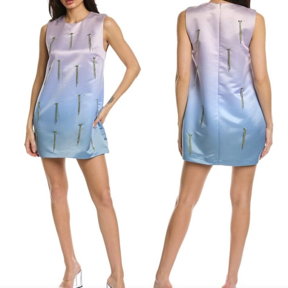 NEW CYNTHIA ROWLEY SATIN RHINESTONE TASSELS OMBRE PINK BLUE SHIFT DRESS LARGE
